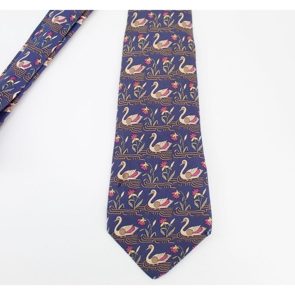 Hermès Swan Tie Mens Blue 100% Silk Made In France Novelty Animal Print